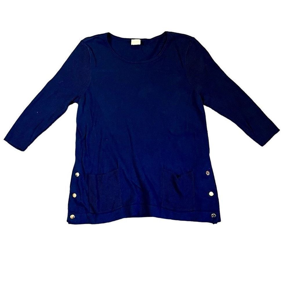Chico’s Blue Tunic Sweater Pocket Button Detail Size 10